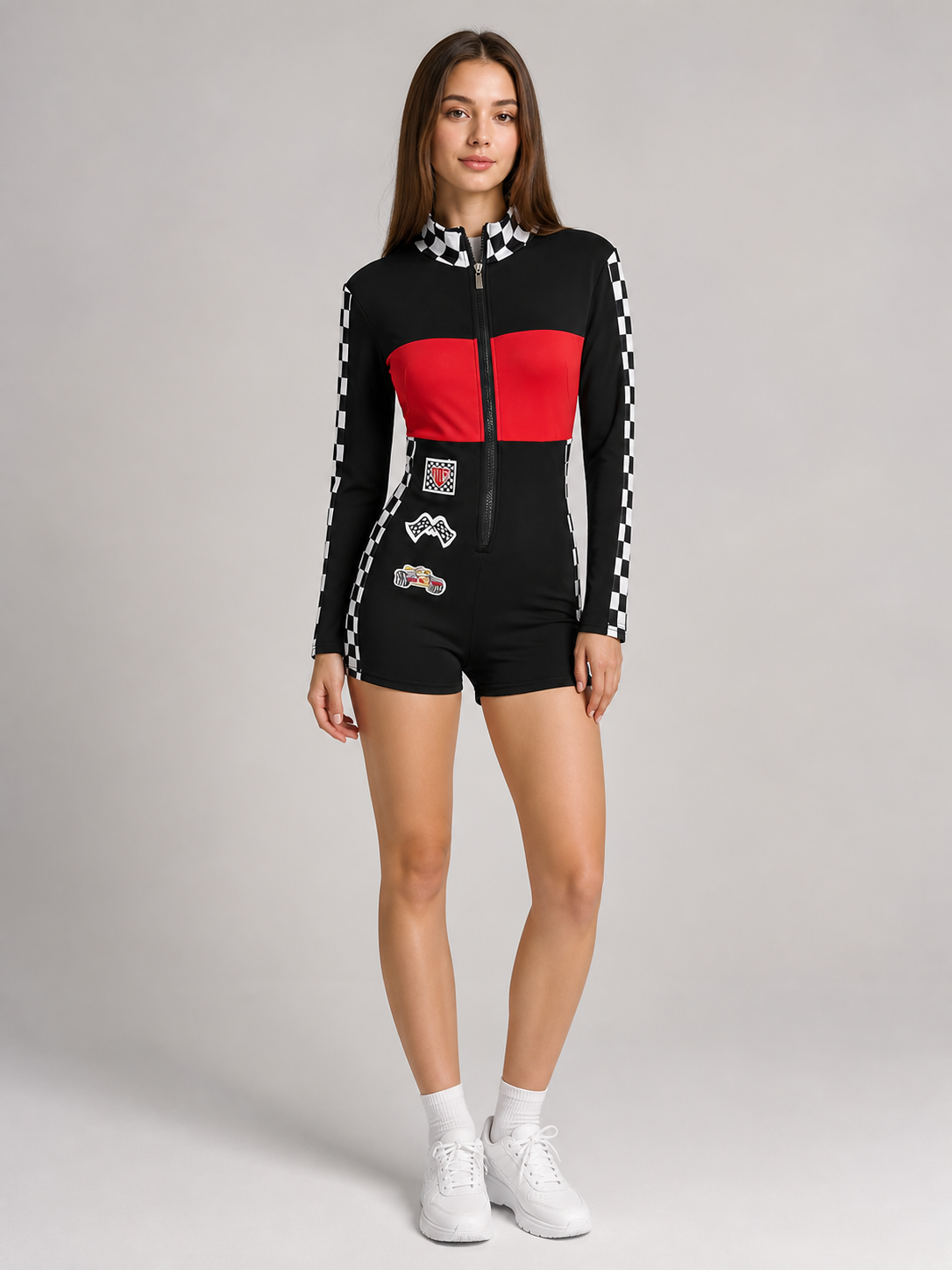 Jumpsuit with a checkerboard print and red panel
