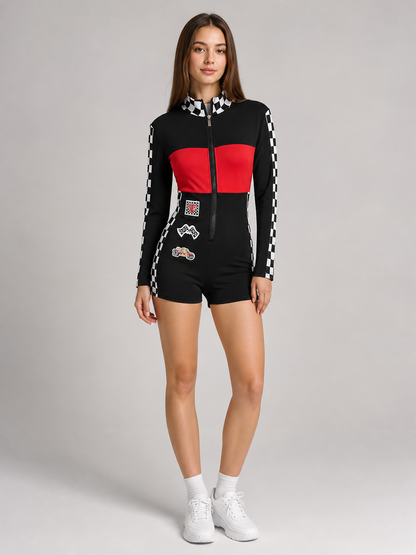 Jumpsuit with a checkerboard print and red panel