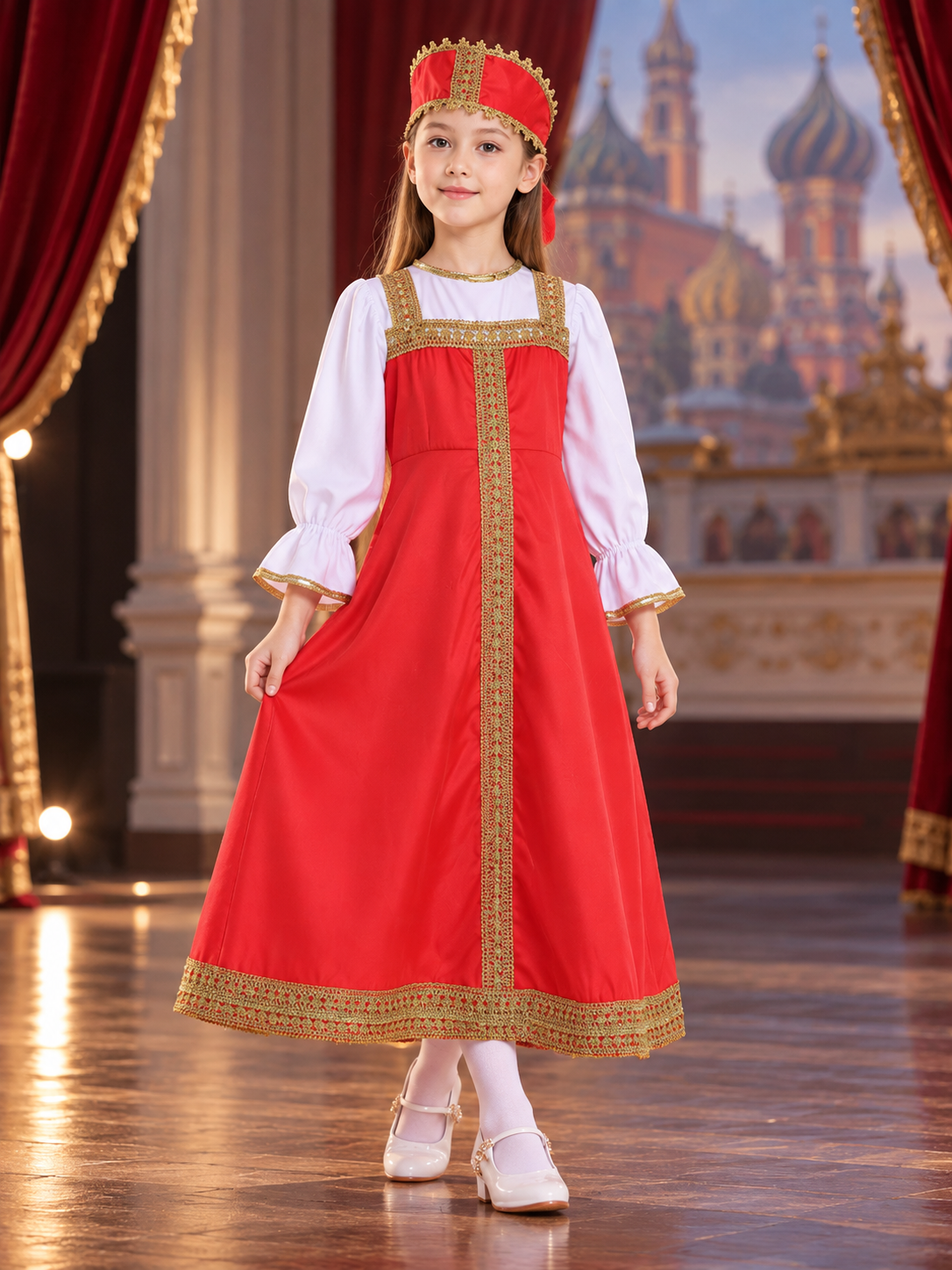 Red Dress with Headpiece and Gold Braid Costume Dresses detail