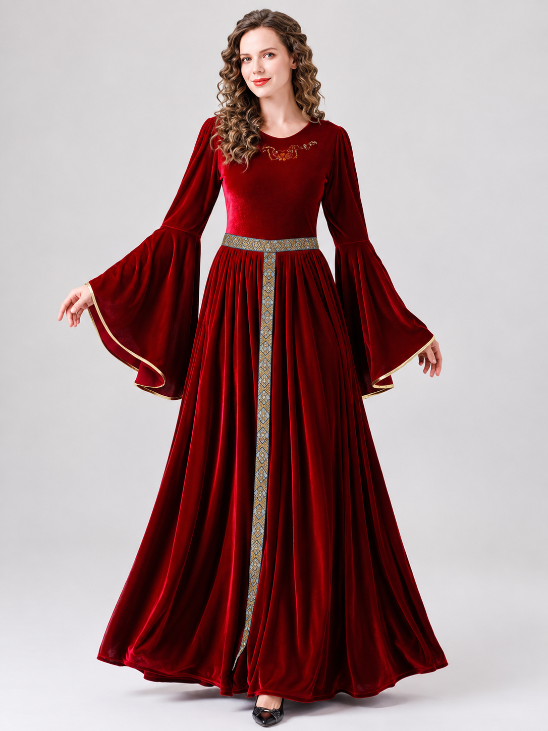 Long Medieval Dress with Embroidery and Flared Sleeves