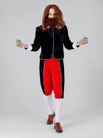 The vampire costume features a combination of black, red, and silver colors. The set includes a black long coat with long sleeves and red pants, combined to create a themed outfit. The front of the coat has a zipper running down the center.