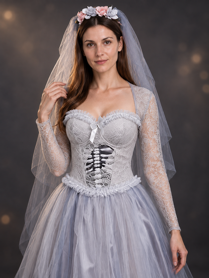 Gray carnival dress with a voluminous skirt and lacing
