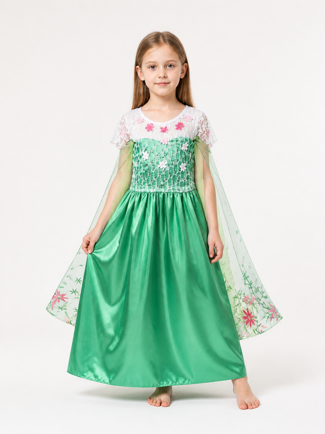 Green Princess Costume Dress with Flowers for Halloween