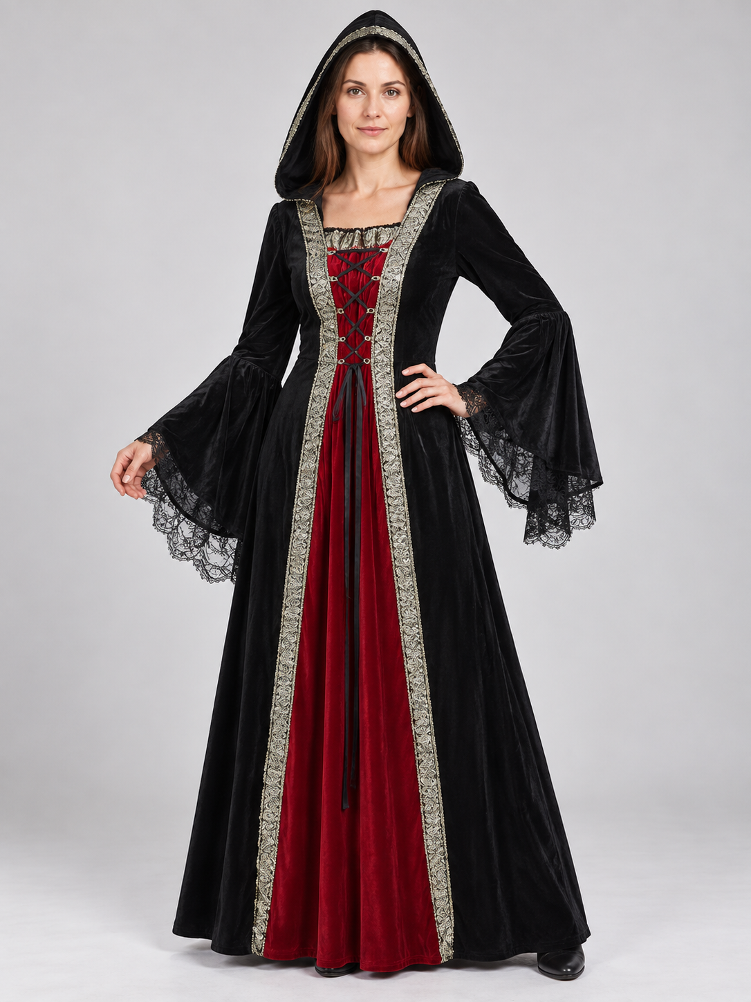 Witch Halloween Costume with Hood and Red Insert