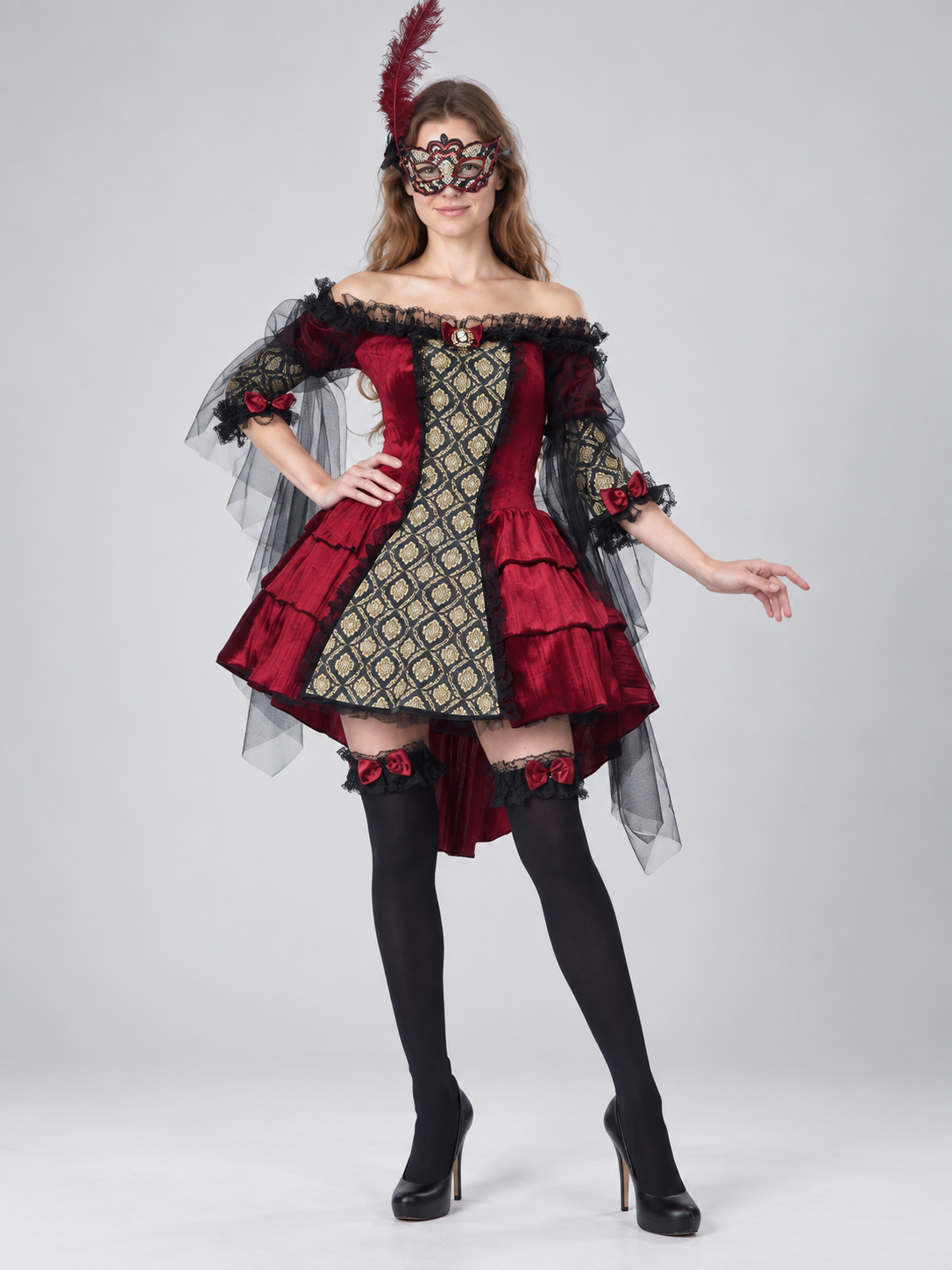 Carnival Costume with Feather Mask and Red Bows