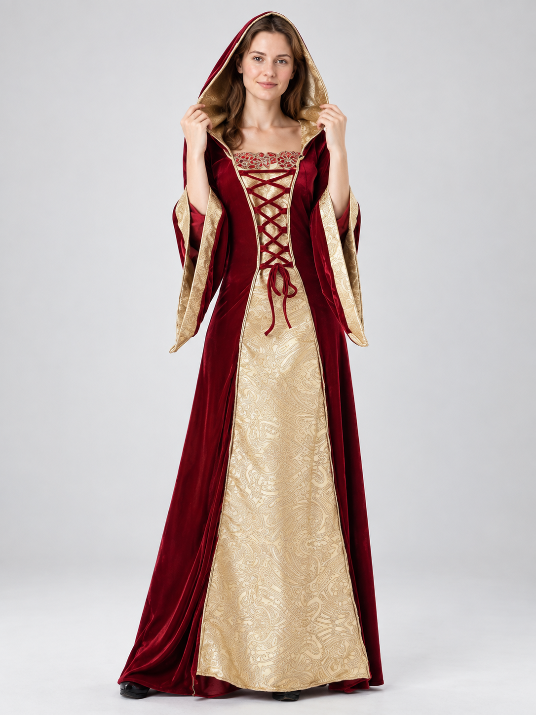 Long Burgundy and Gold Carnival Dress with Hood