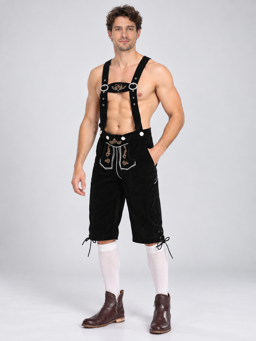 Black Knee-Length Suspender Shorts with Embroidery