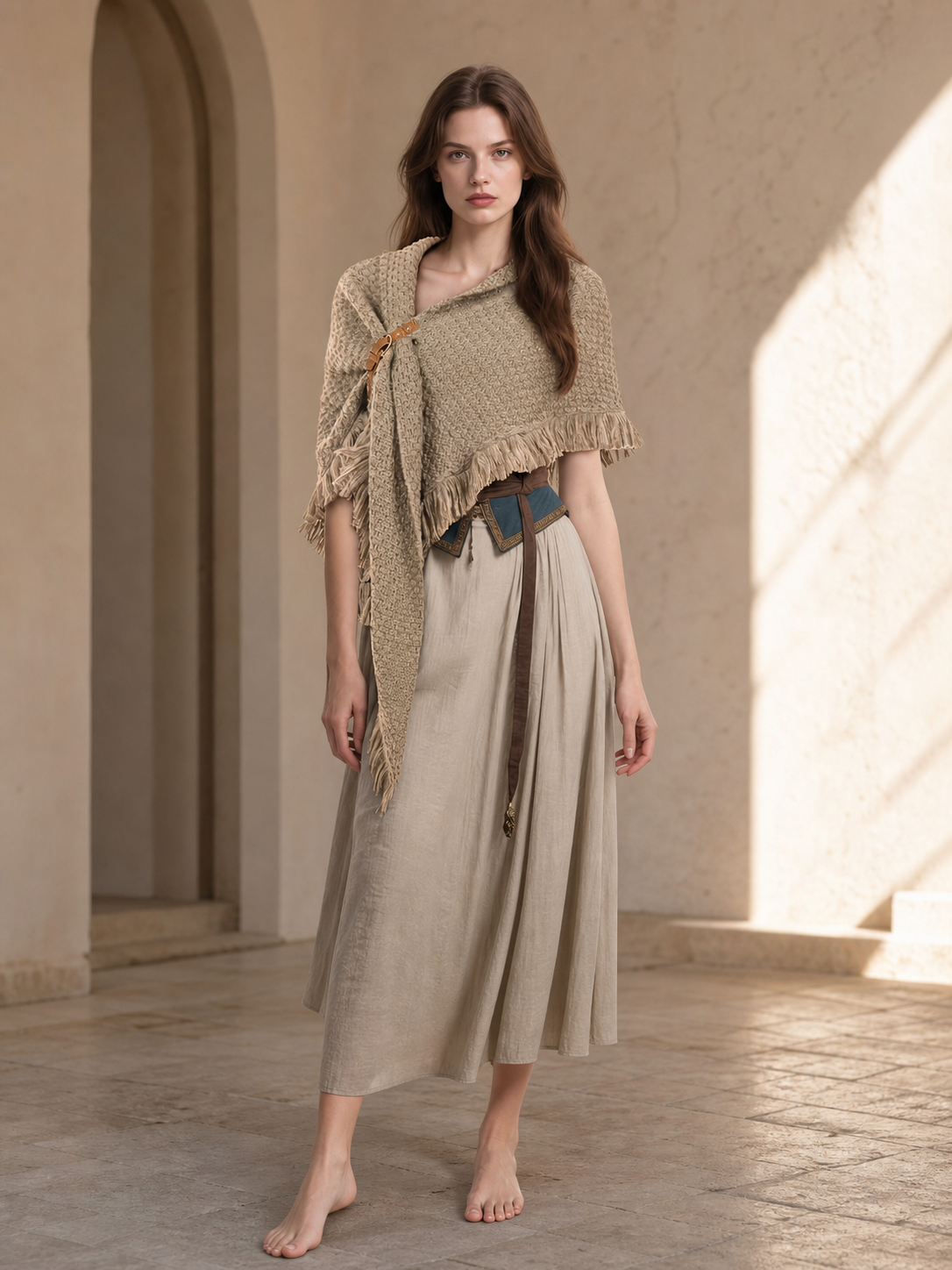 Beige woven cape with fringed trim and side clasp, worn with light shorts in a full-body studio photo