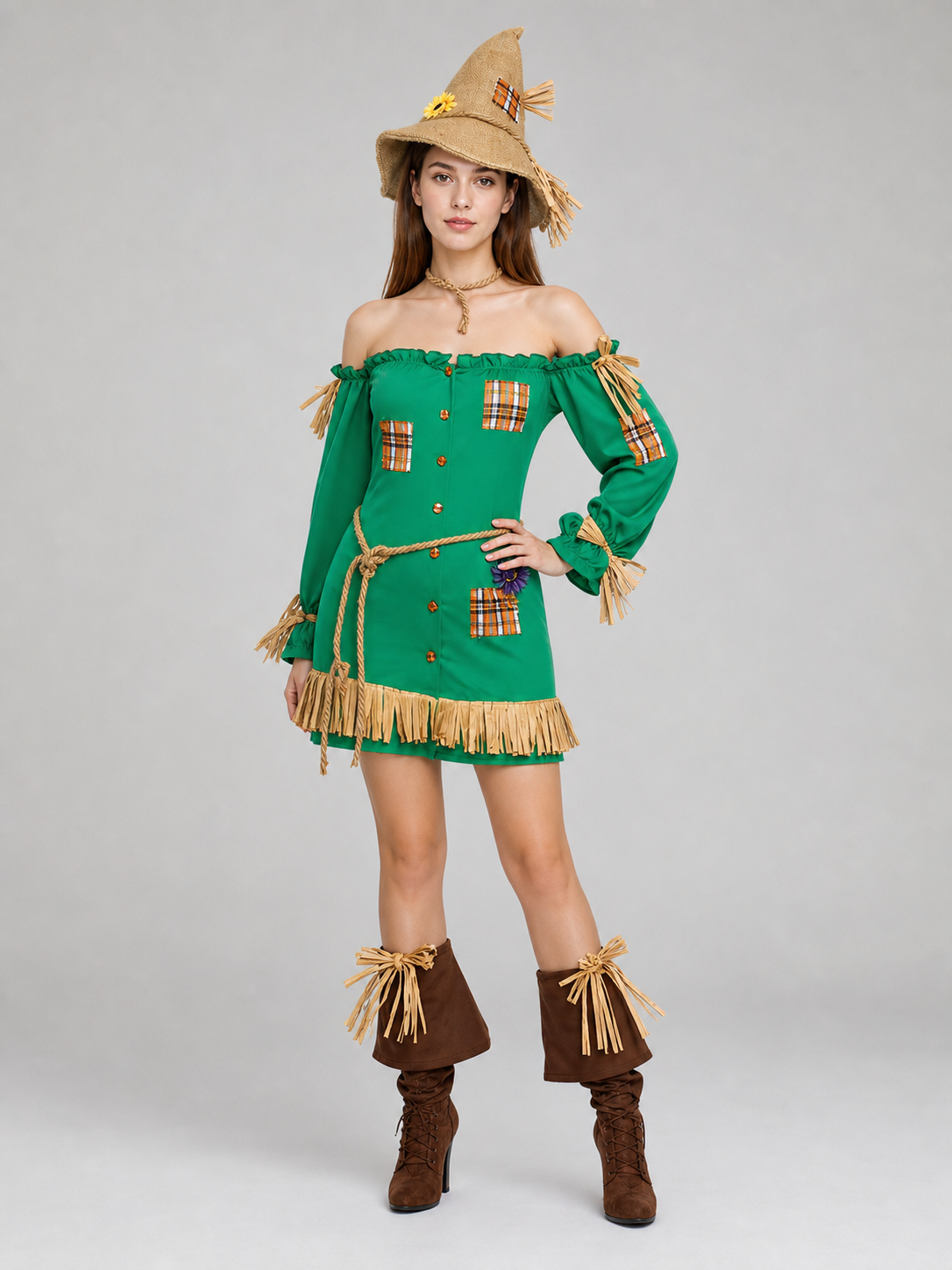 Scarecrow Costume with Hat, Dress, Pants, and Fringe