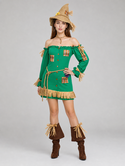 Scarecrow Costume with Hat, Dress, Pants, and Fringe