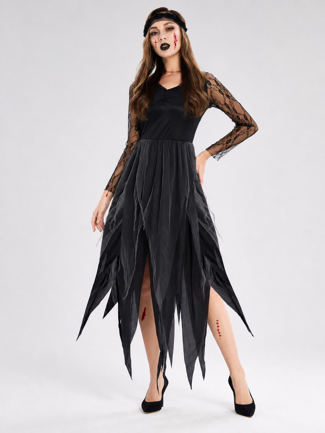 Gothic Cosplay Dress with a Torn Skirt