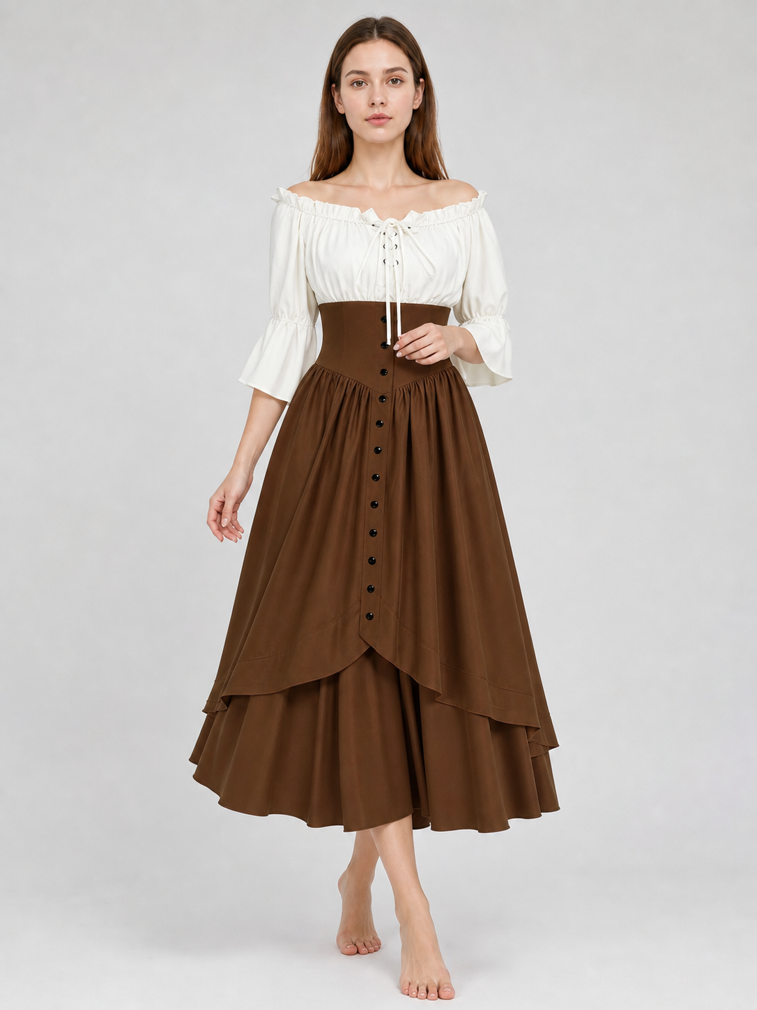 Brown Medieval-Style Dress with Ruffles