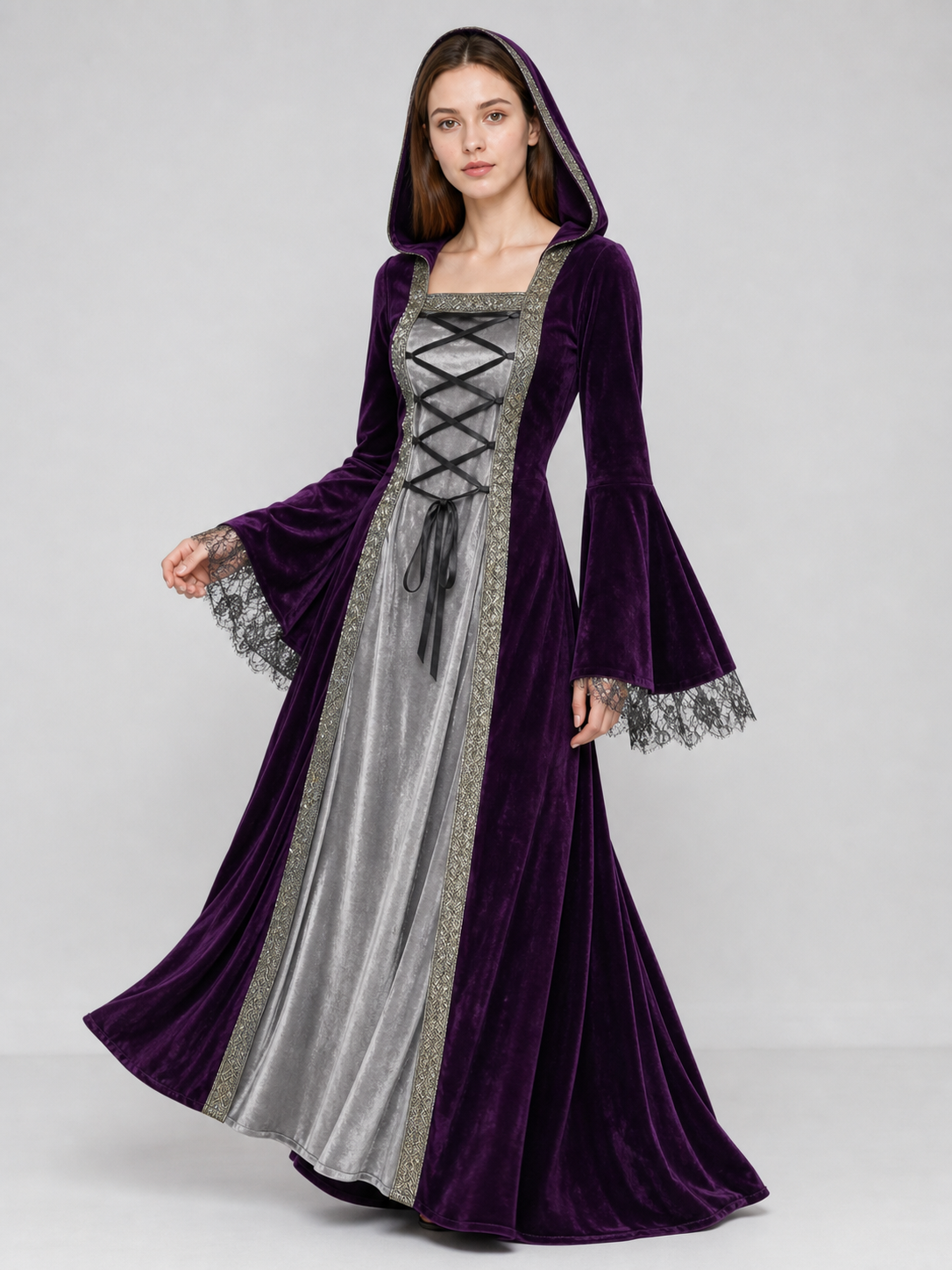 The dress is designed in a Gothic medieval style and features a costume design in deep purple with silver-gray and black accents. The design includes an attached pointed hood, flared bell sleeves, and a flowing skirt. The front of the bodic