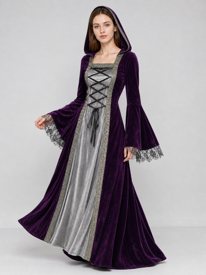 The dress is designed in a Gothic medieval style and features a costume design in deep purple with silver-gray and black accents. The design includes an attached pointed hood, flared bell sleeves, and a flowing skirt. The front of the bodic