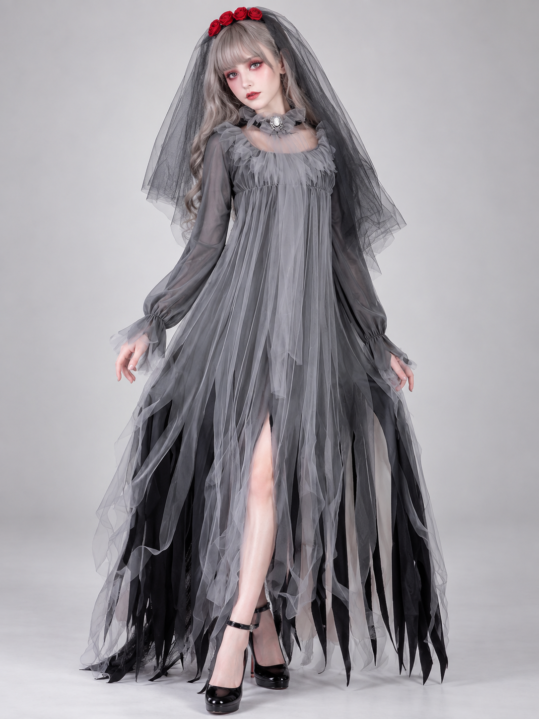 Carnival Costume with Veil, Spider, and Flowers
