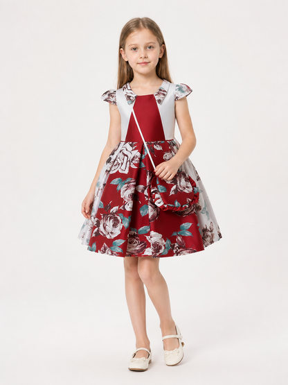 Burgundy Princess Dress with Floral Print and Handbag Costume Dresses detail