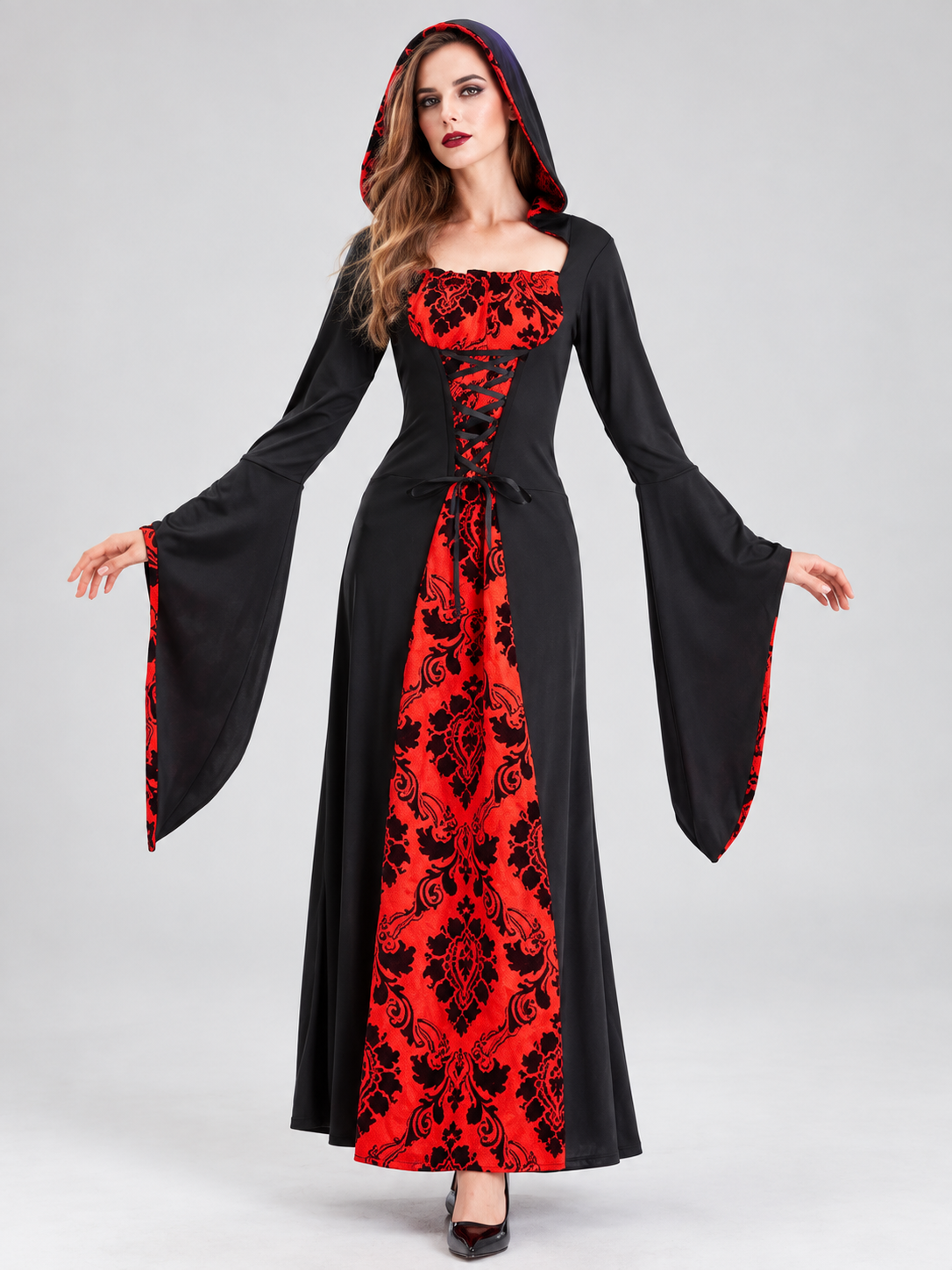 Witch Halloween Costume with Hood and Red Insert