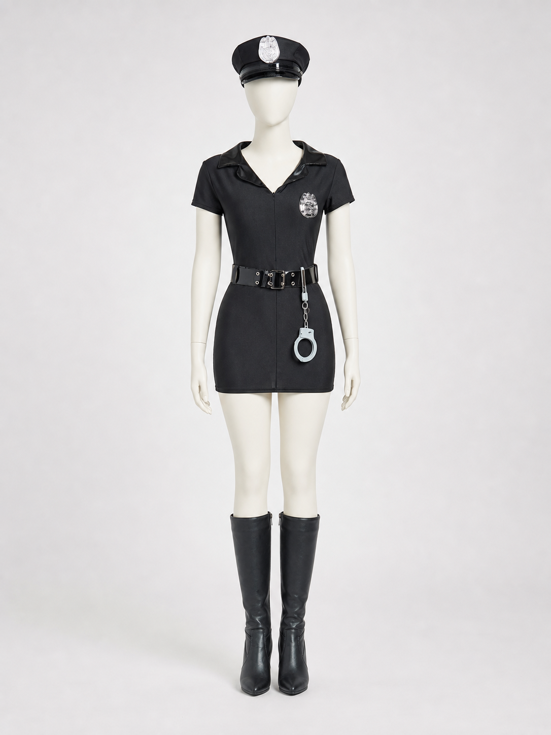 Black police costume with a peaked cap and accessories
