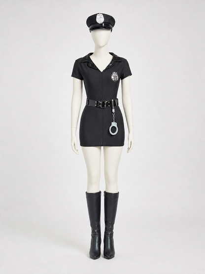 Black police costume with a peaked cap and accessories