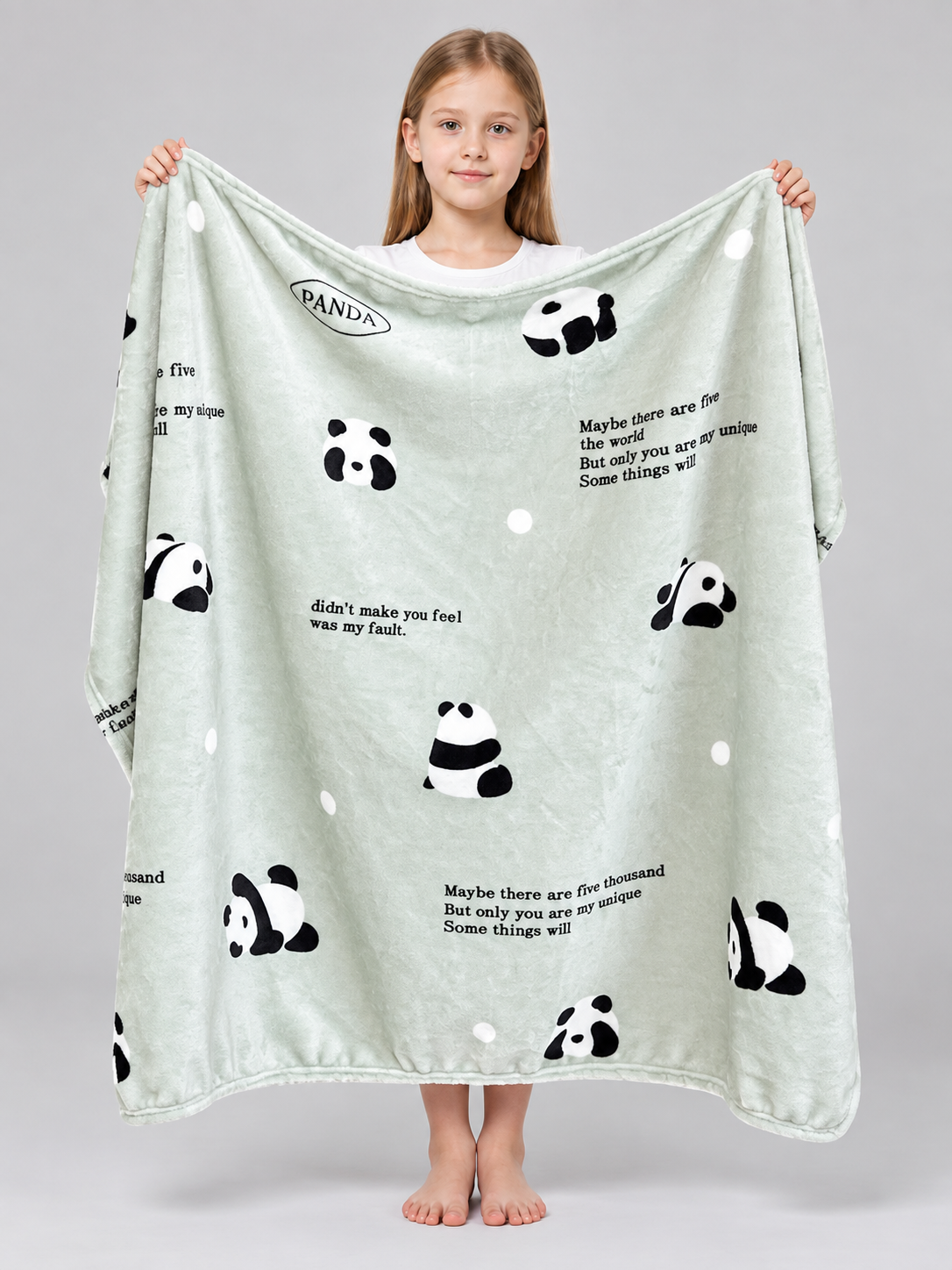 Light Green Milk Velvet Blanket with Panda Print