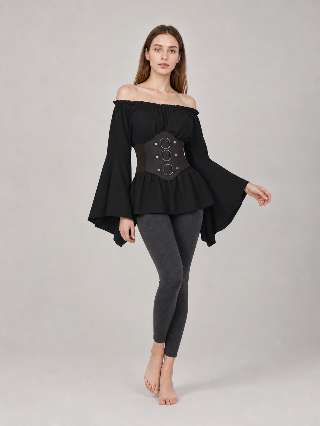 Gothic costume dress with a belt and flared sleeves