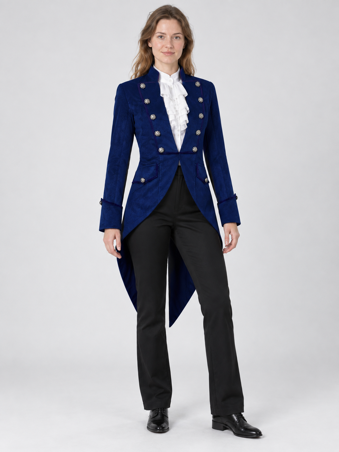 Blue long tailcoat with a stand collar and buttons