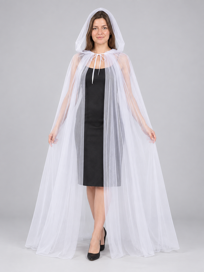 White Long Mesh Hooded Cape with Bow