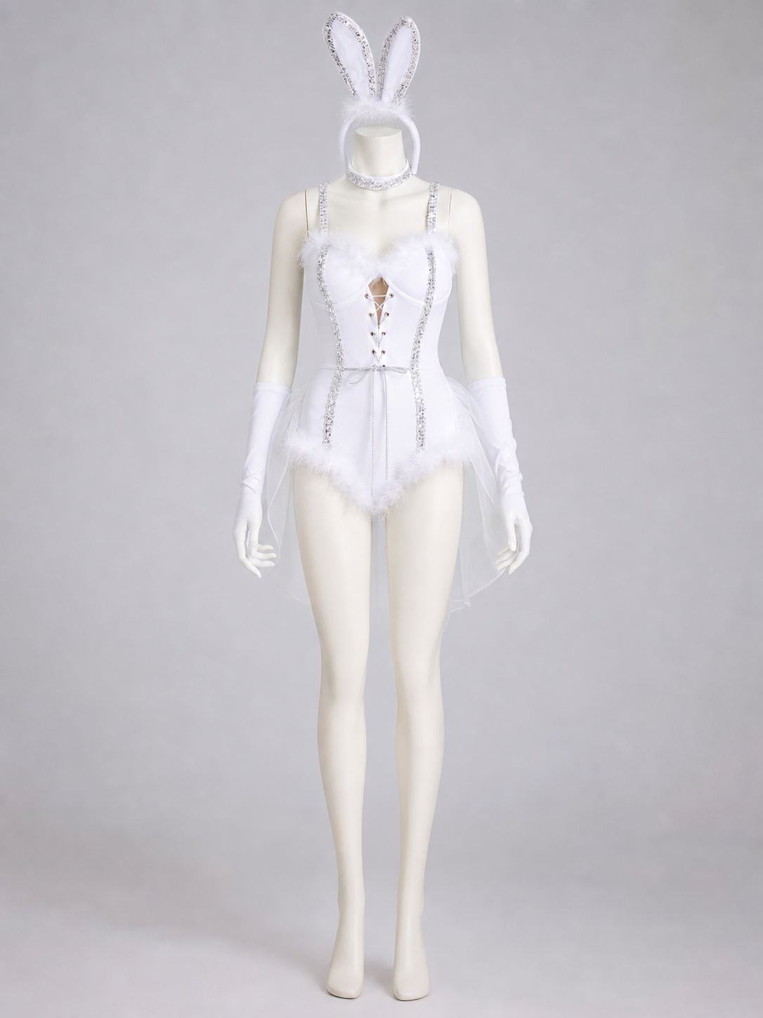 Bunny Cosplay Costume, White with Ears and Mesh
