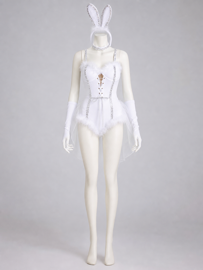Bunny Cosplay Costume, White with Ears and Mesh