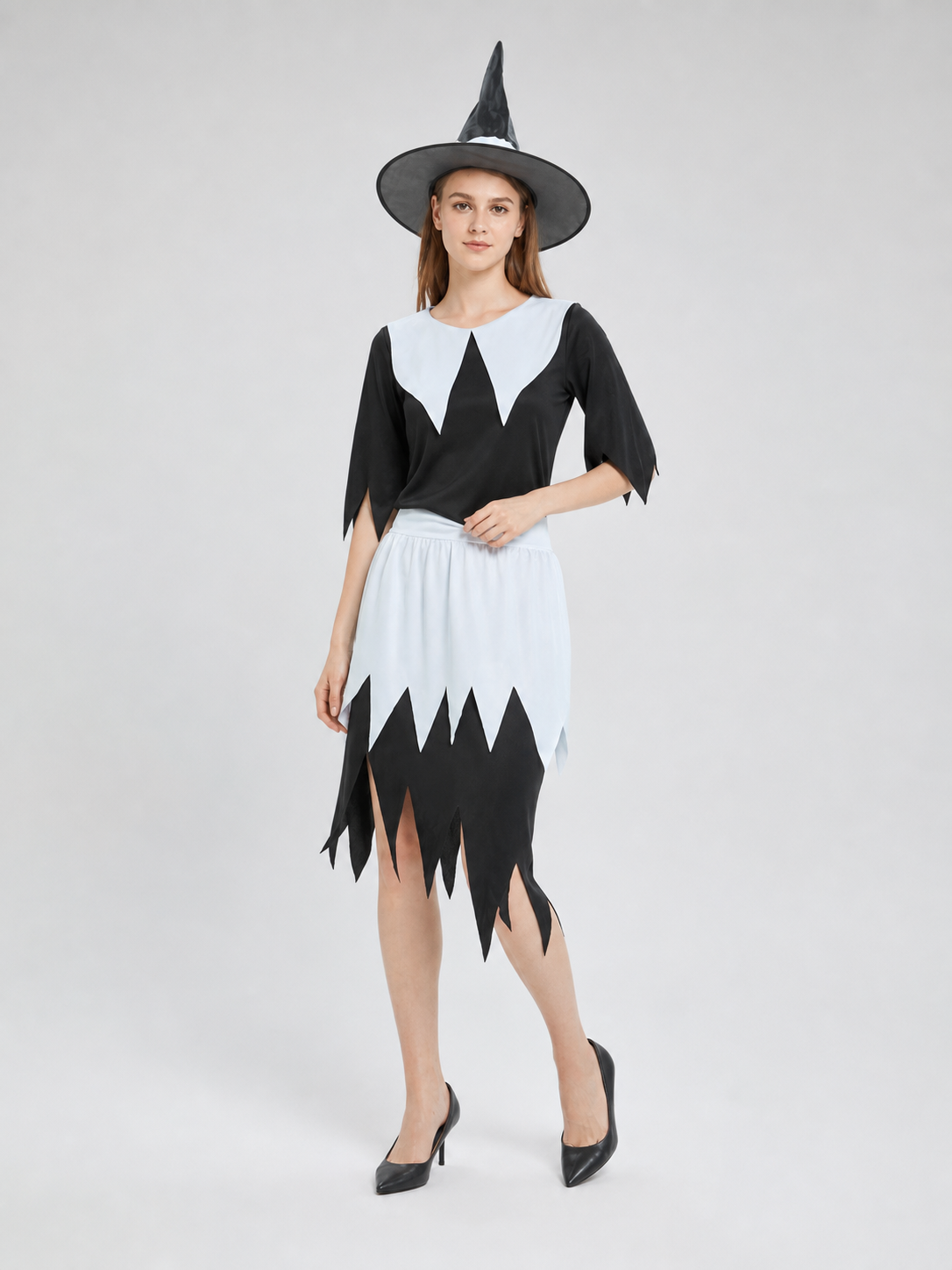 Halloween witch costume with hat and dress on-model front view