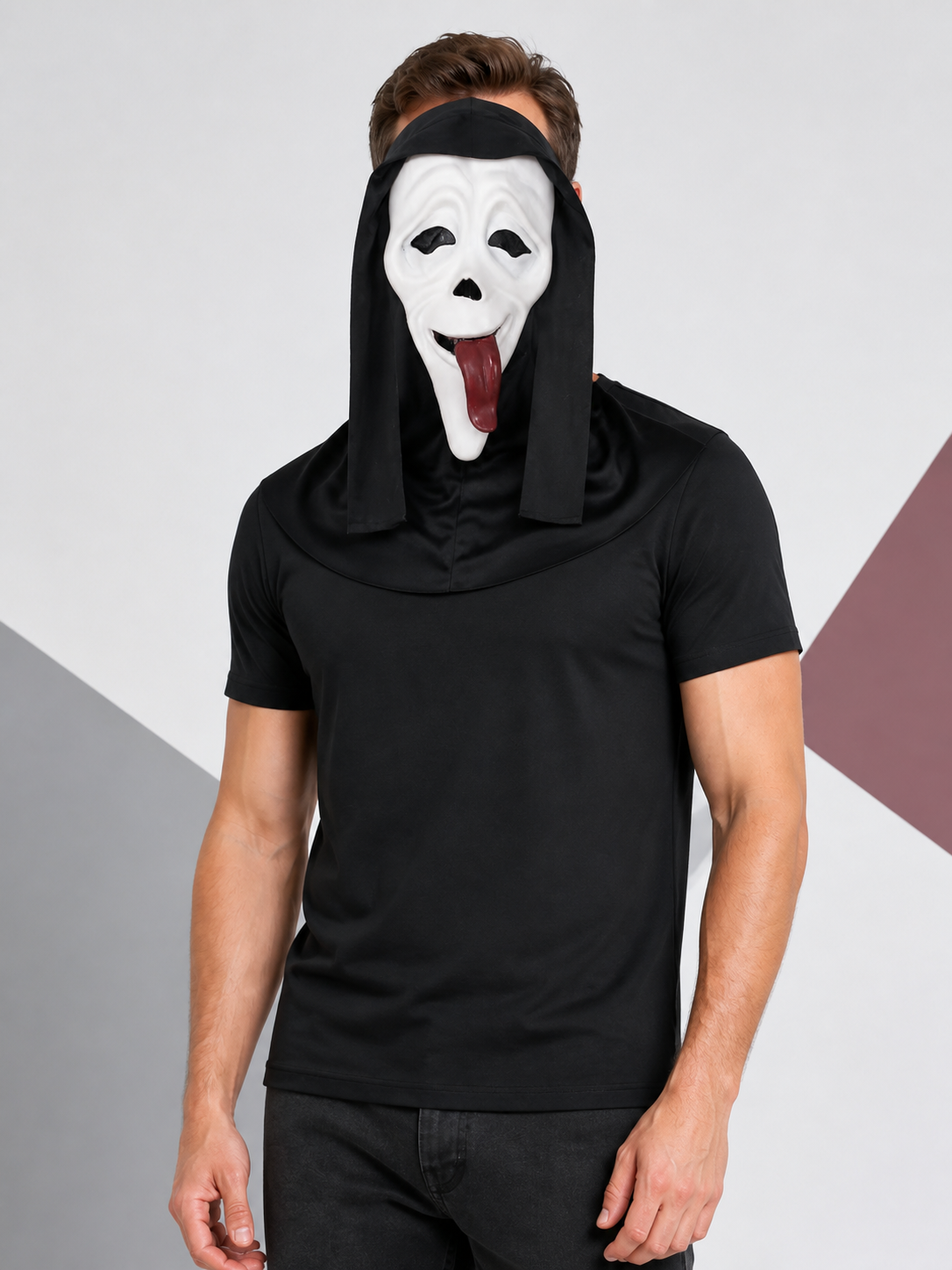 Halloween Mask with a Red Tongue and Black Hood Costume Masks detail