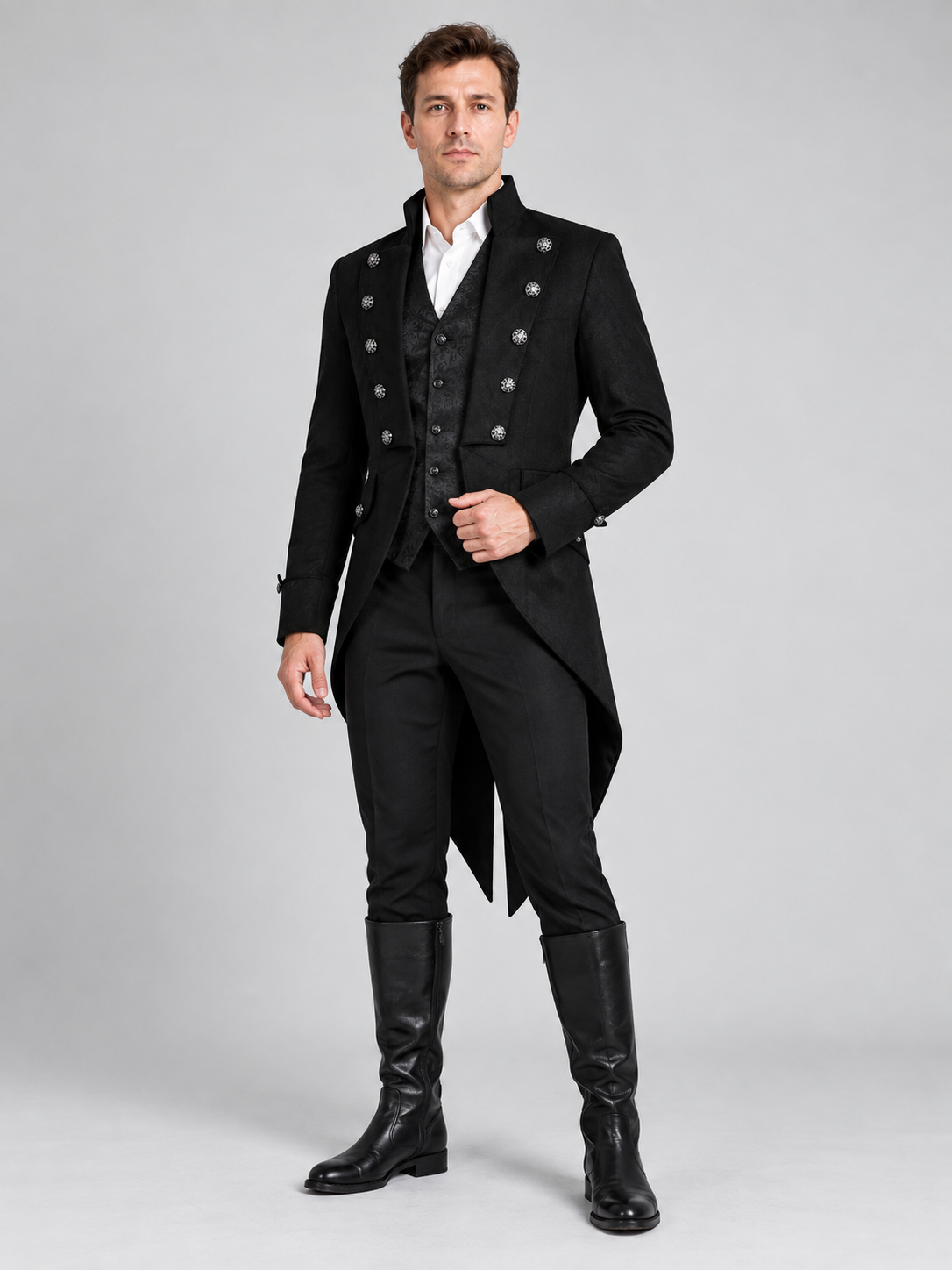 Black tailcoat with high collar and silver buttons
