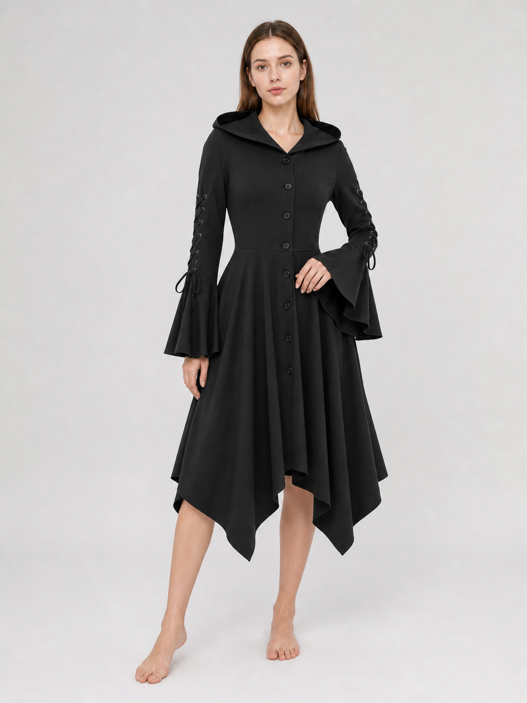 Gothic Hooded Dress with an Asymmetrical Hem