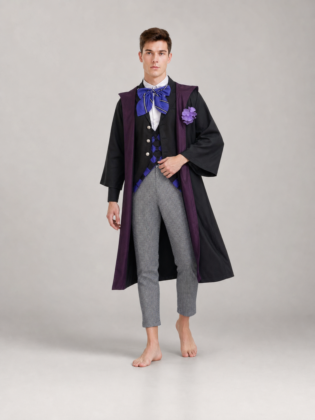 The set is styled after the character Gregory Violet and includes a jacket, vest, shirt, pants, bow tie, and lapel brooch. The look is built around layering: a black vest and black jacket are worn over a white shirt, complemented by an uppe