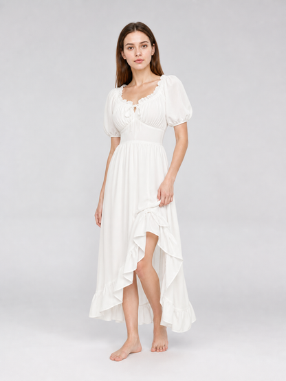 White Midi Dress with a Corset-Style Bodice and Ruffles
