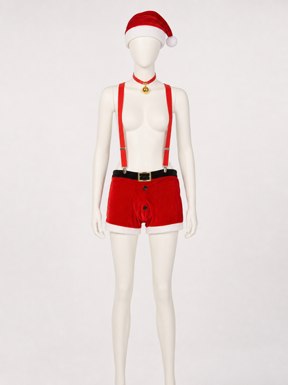 Red Christmas Shorts with White Trim and Suspenders