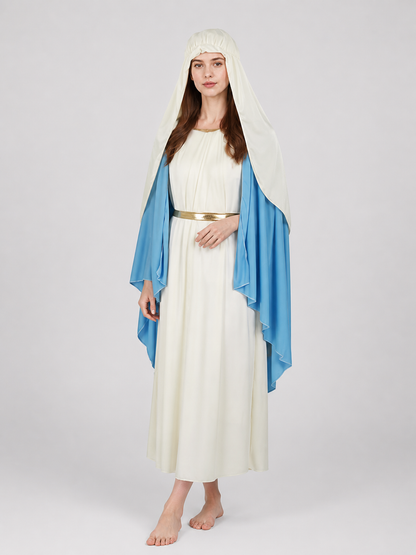 Side view of a white full-length robe with blue layered cape, gold sash, and long white head covering