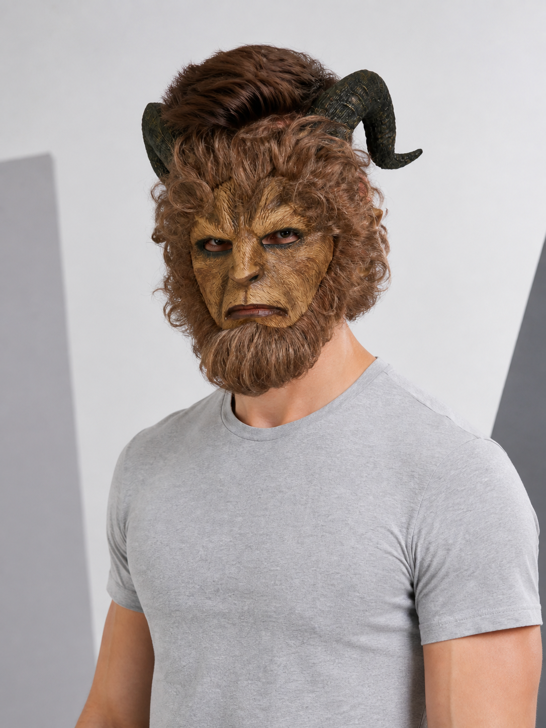Halloween Beast Mask with Black Horns and Brown Mane