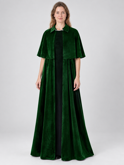 Long Dark Green Velvet Cloak with Collar