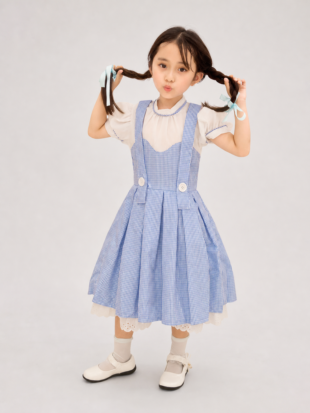 Cosplay Dress with Apron, White-and-Blue Check Pattern