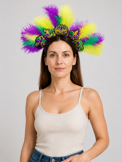 Halloween Carnival Headband with Feathers and Masks Costume Headwear detail