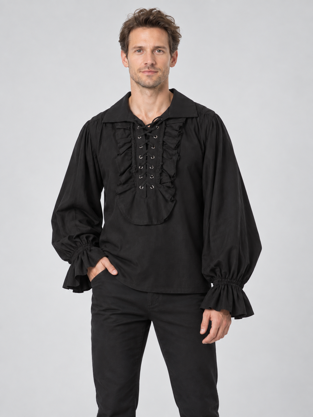 Black Gothic Medieval Shirt with Lacing and Ruffles