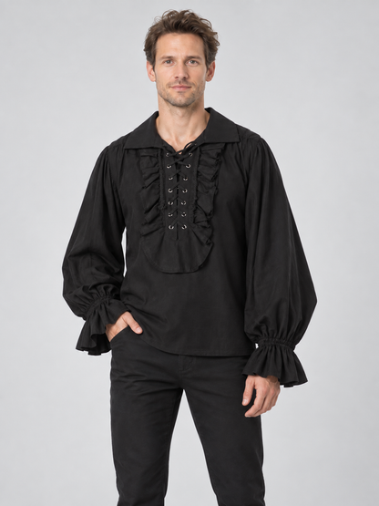 Black Gothic Medieval Shirt with Lacing and Ruffles