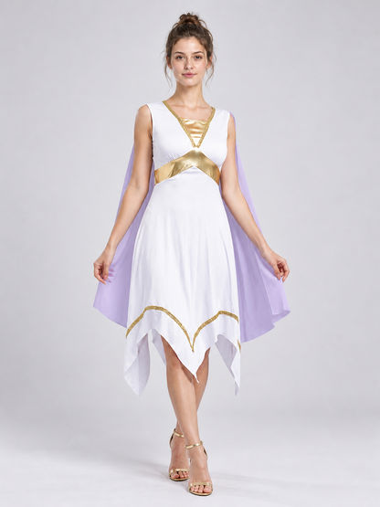 White dress with asymmetrical hem and gold trim