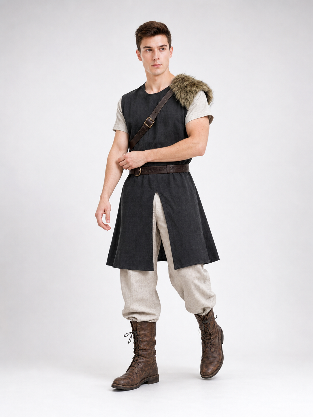 Black Sleeveless Tunic with Fur Trim and Belt
