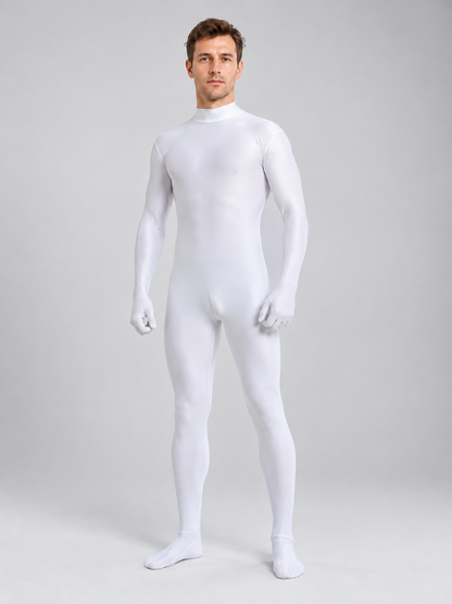 White one-piece form-fitting suit with a stand collar