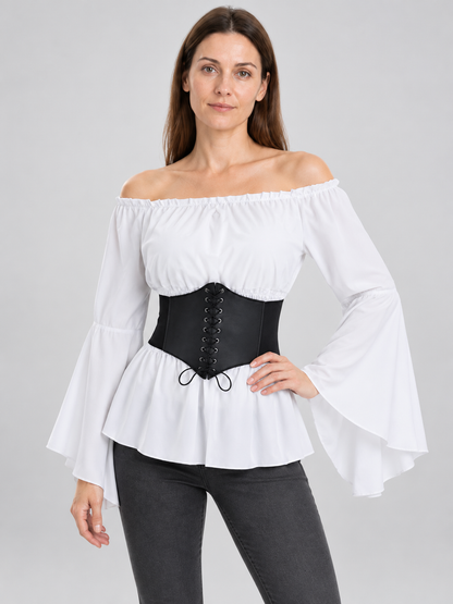 White Blouse with Black Corset Belt in Pirate Style