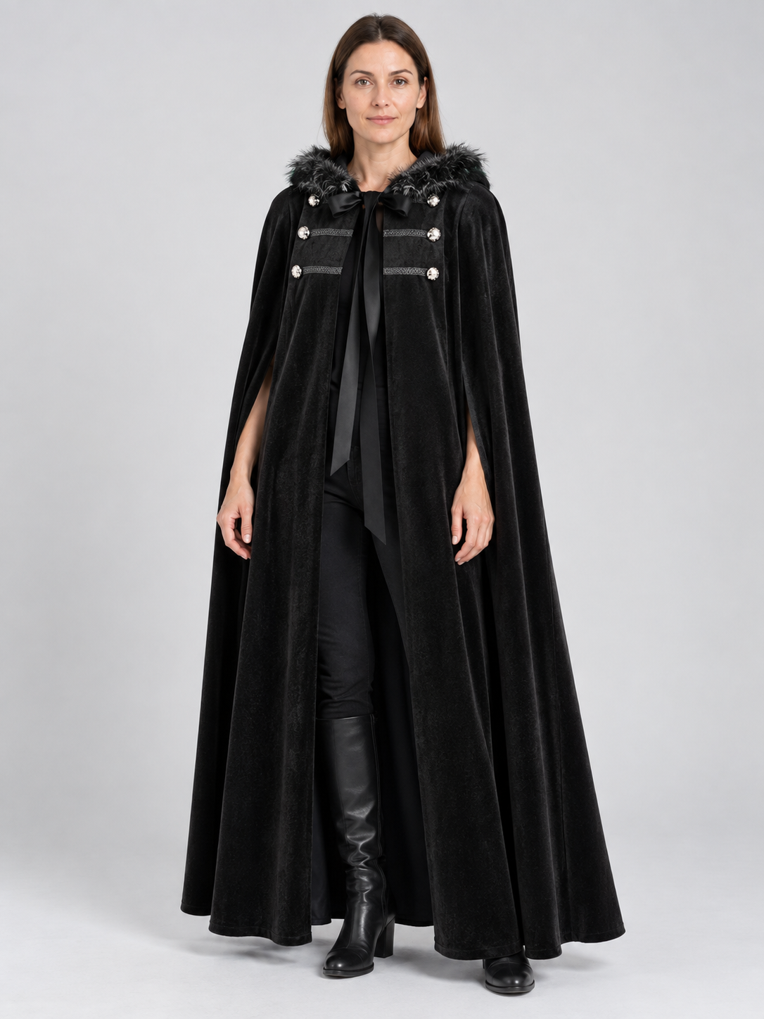 Hooded Cape with Fur Trim, Black