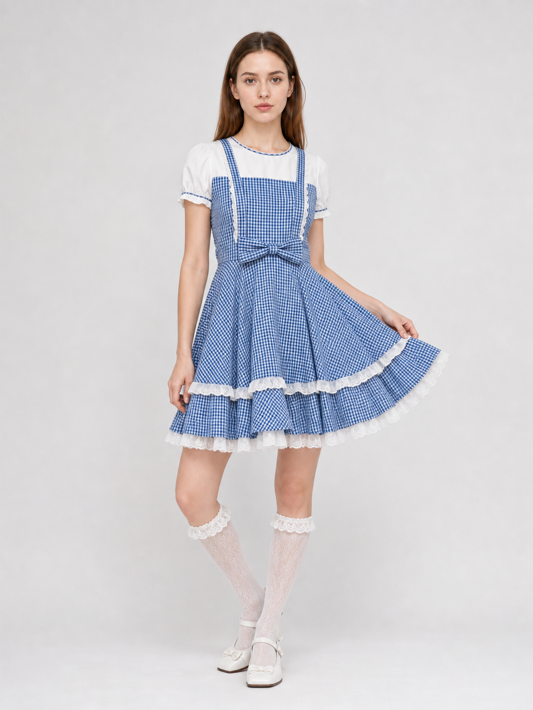 Retro-style plaid dress with socks and bows
