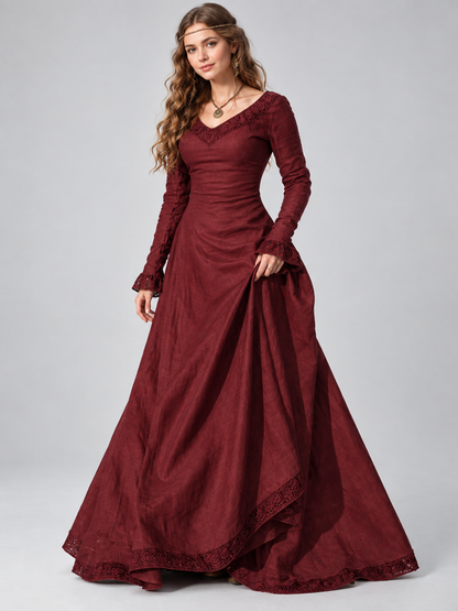 Vintage Burgundy Dress with Lace Trim and Full Skirt